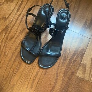 Black leather wedge sandals